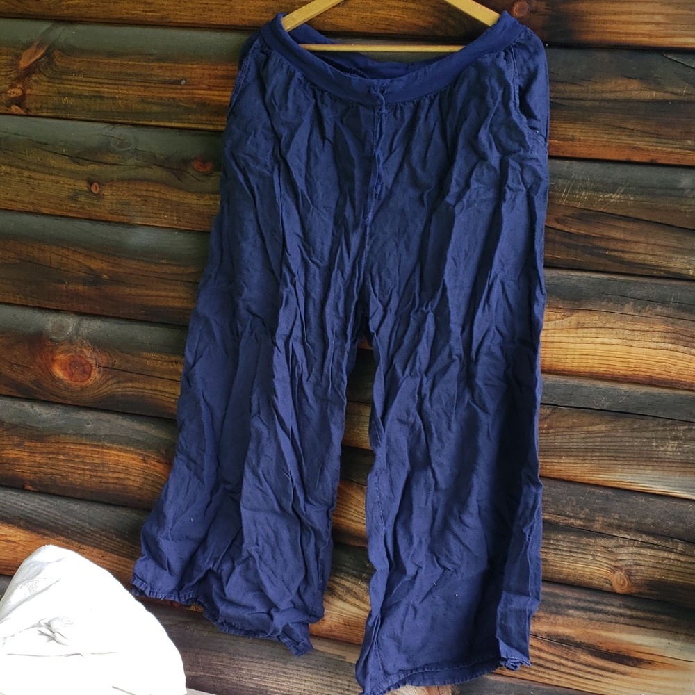 Flax Wide Leg Linen Pants Drawstring Waist Navy Blue sz L